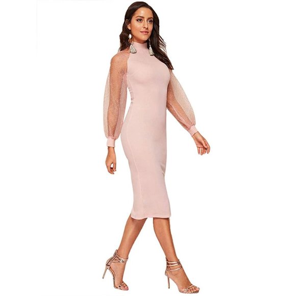 NWOT- Elegant Long Mesh Sleeve Dress for Party Pink - Picture 5 of 5